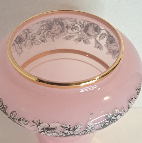 Antique Hand Blown Pink Opaline Glass Vase Handpainted Gold Trim with Lid - Picture 3 of 10